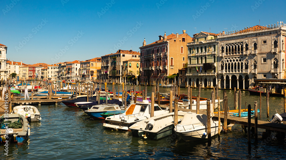Motor boats parking in Grand Canal in Venice