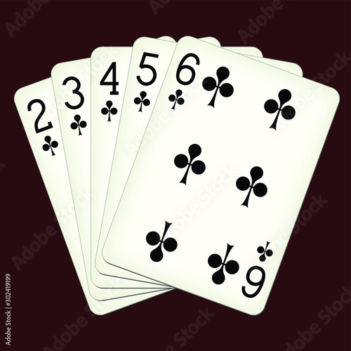 Straight Flush of Clubs from Two to Six - playing cards vector illustration