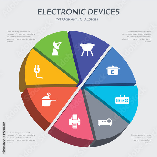 electronic devices concept 3d chart infographics design included plug, pressure cooker, printer, projector, radio, rice cooker, rotisserie, satellite dish icons