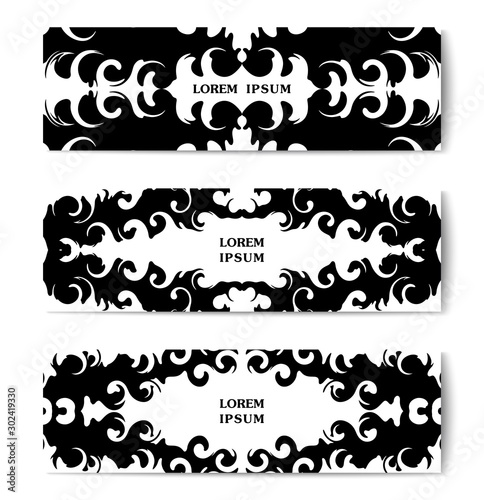 Symmetric liquid forms. Abstract black ink graphic. Set of templates for banners. Vector design