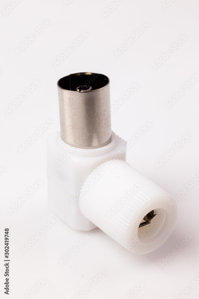 coaxial Antenna cable connectors, metal plug on white coaxial Antenna cable connectors, metal plug on white