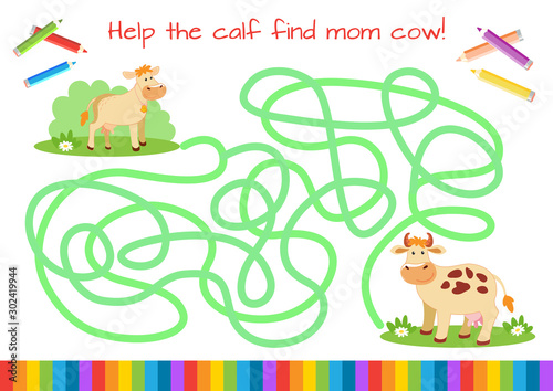Help the little calf find mom. Educational game for children. Cartoon vector illustration