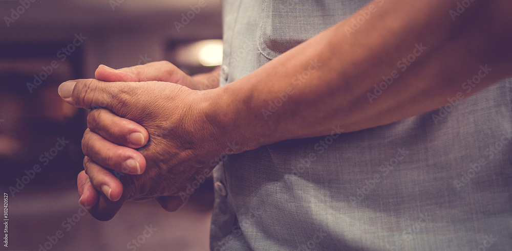 Close up prayer's hand pray in church, Pastor pray to God, with blank copy space