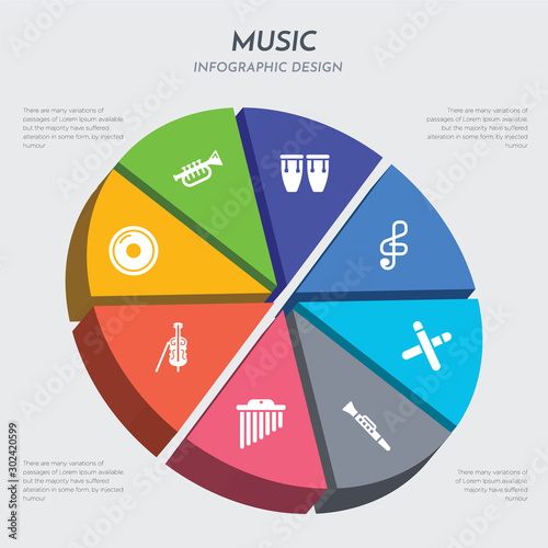 music concept 3d chart infographics design included cd, cello, chimes, clarinet, clave, clef, conga, cornet icons