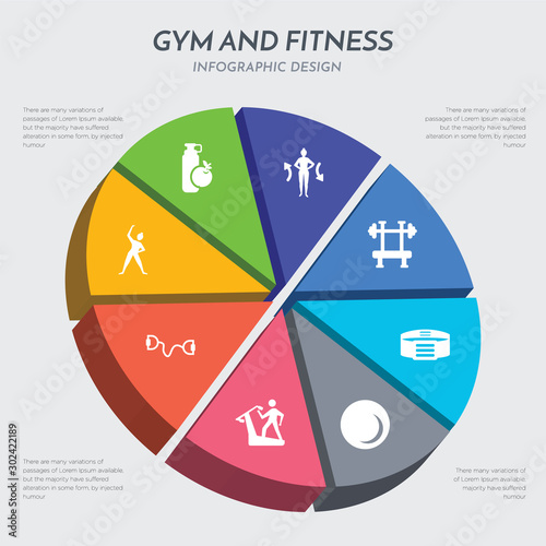 gym and fitness concept 3d chart infographics design included exercise, exercise bands, fitness, fitness ball, belt, bench, body, drink icons