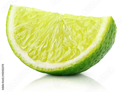 Single slice of lime citrus fruit isolated on white background with clipping path. Full depth of field.