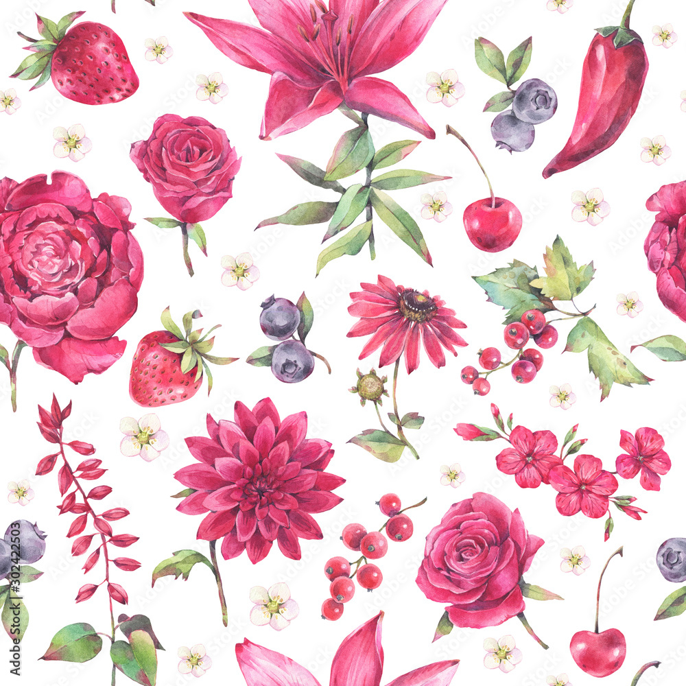 Seamless floral pattern of red flowers  and berries. Hand painted watercolor illustration. 