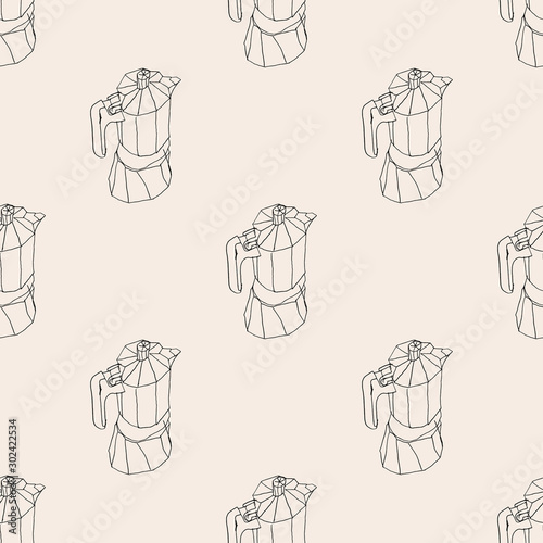 Pattern with coffee pot. Cartoon-like watercolor illustration. Isolated on white background for greeting card, textile and children's decor.