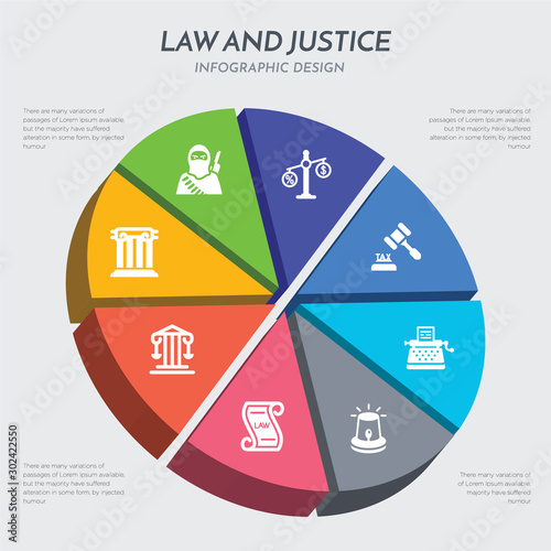 law and justice concept 3d chart infographics design included roman law, roman law, scroll with siren, stenographer, tax taxes, terrorism icons