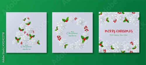 Set of happy new year and Merry Christmas greeting card or background paper art snowflakes with berry for decorative seasonal holiday banner