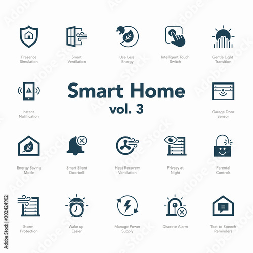 Smart home icon set volume 3 isolated on light background. Contains such icons Smart Ventilation, Text-to-Speech Reminders, Use Less Energy, Parental Controls and more.