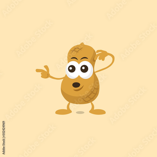 Illustration of cute surprised peanut mascot showing to the left. Flat design style for your mascot branding.