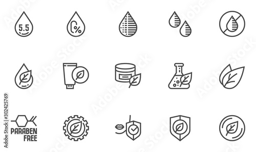 Safe cosmetics vector line icons set. No artificial colors, neutral ph, organic cosmetics, parabens free. Editable stroke. 48x48 Pixel Perfect.