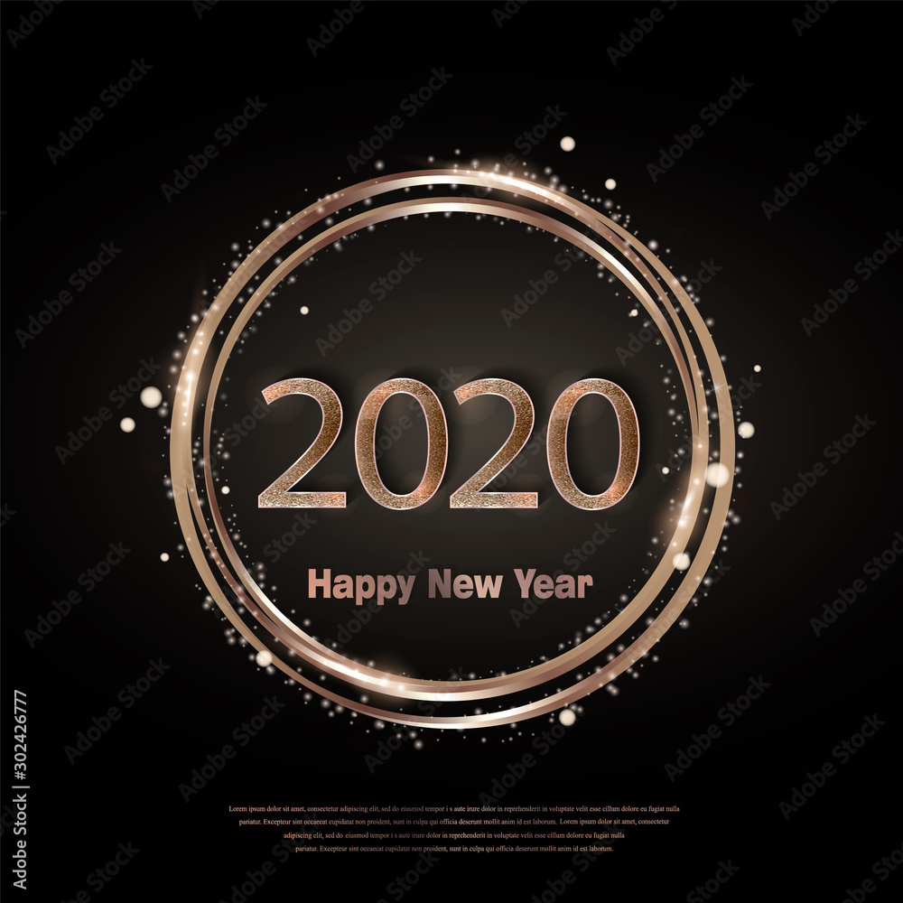 Happy new year 2020 greeting card with rose gold or bronze glitter and shine. Luxury copper numbers. Vector illustration EPS 10.