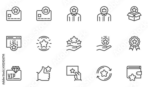 Loyalty program vector line icons set. Bonus card, gift card, customer satisfaction. Editable stroke. 48x48 Pixel Perfect.