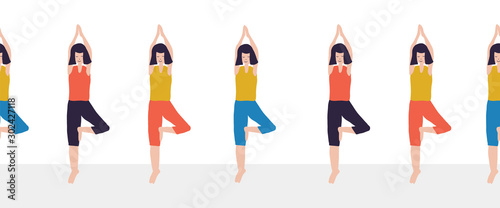 Yoga class seamless vector border. Women Fitness class repeating illustration of woman doing yoga tree pose. Sport event advertisement