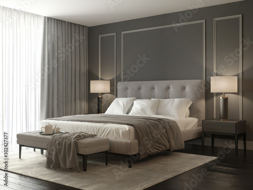 Classic grey bedroom interior with grey buttoned bed and luxury lamps and a stool © Michael