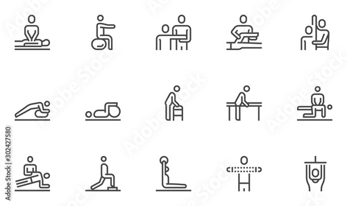 Physical Therapy Vector Line Icons Set. Rehabilitation Treatment, Therapeutic, Physiotherapy, Recuperation. Editable stroke. 48x48 Pixel Perfect. photo