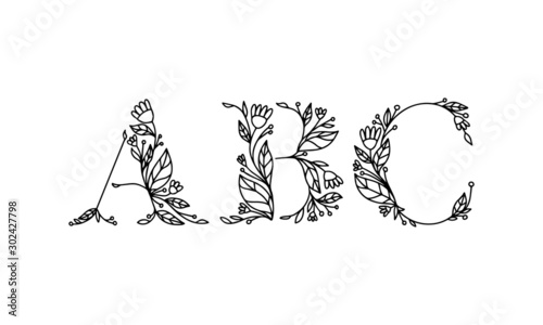 floral alphabet illustration, hand drawn vector font with isolated background