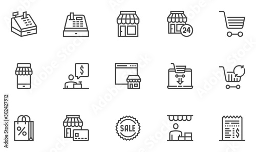 Simple Set of Shopping and Market Related Vector Line Icons. Contains such Icons as Store Statistics, Product Promotion, Buyer and more. Editable Stroke. 48x48 Pixel Perfect.