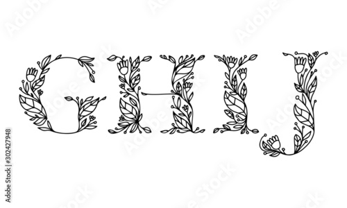 floral alphabet illustration, hand drawn vector font with isolated background