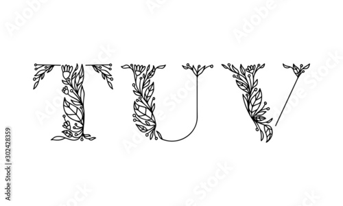 floral alphabet illustration, hand drawn vector font with isolated background