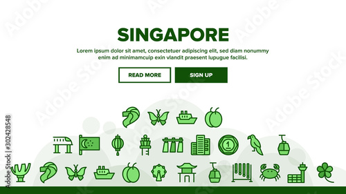 Singapore Landing Web Page Header Banner Template Vector. Flag And Scyscraper, Crab And Parrot, Butterfly And Train, Singapore Illustration