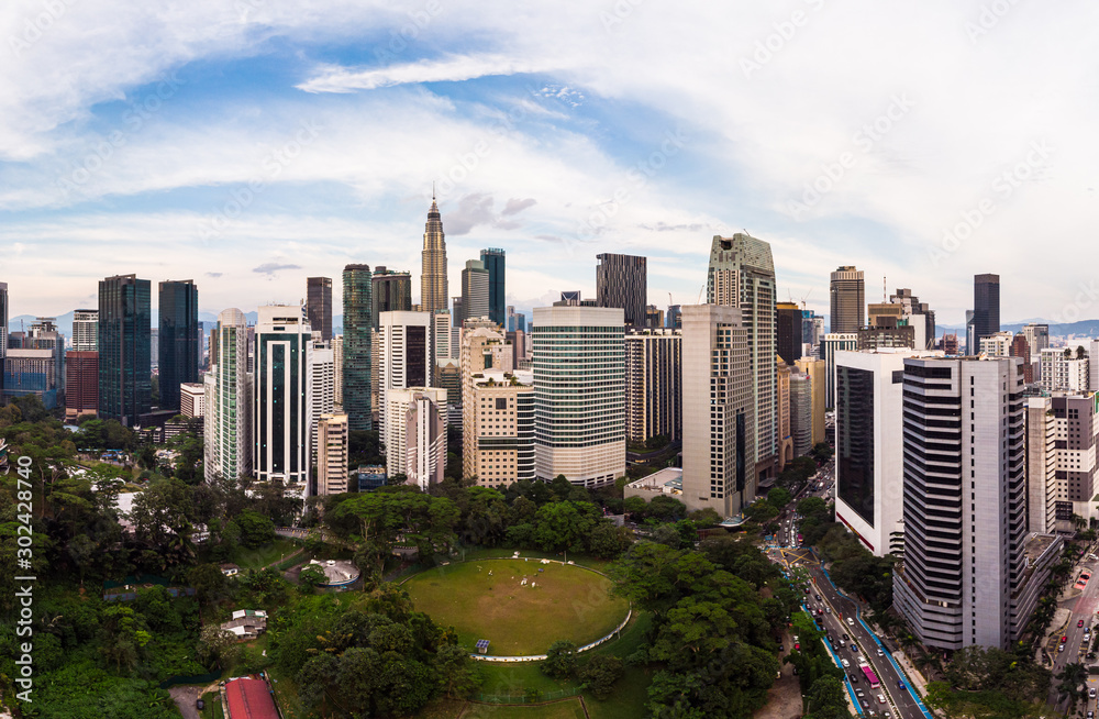 Aerial view of Kuala Lumpur business district skyline in Malaysia
