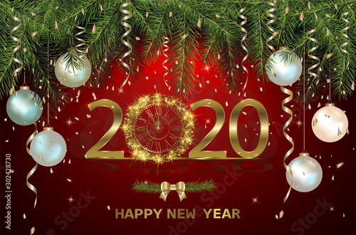 Happy New Year 2020. Background with golden sparkling texture. Gold Numbers 20  2  0  02 with golden clock.. Vector Illustration for holiday greeting card  invitation  calendar poster banner