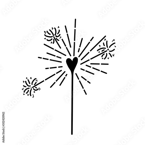 Sparkler in the form of a heart with abstract sparks. Festive black and white illustration on a white background.