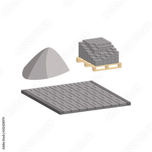 Paving slabs on a pallet with a pedestrian walkway made of paving slabs and borders.Vector isometric and 3D view.