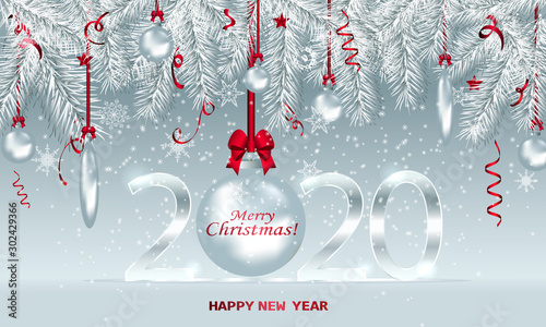 2020 Happy New Year poster with fairy winter background. Vector Illustration for holiday greeting card, invitation, calendar or banner.