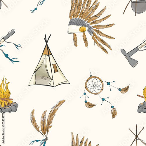 Native american indian warior vintage bohemian pattern. Teepee, warbonnet, indian ax, dream catcher boho sioux tribal print. Nursery kids background