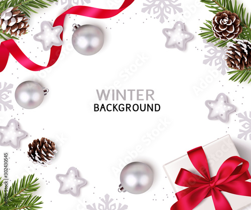 New Year or Christmas design template. Winter background with gift box,xmas balls, fir cone and   other holidays decorations. Flat lay. Top view. Vector illustration. 