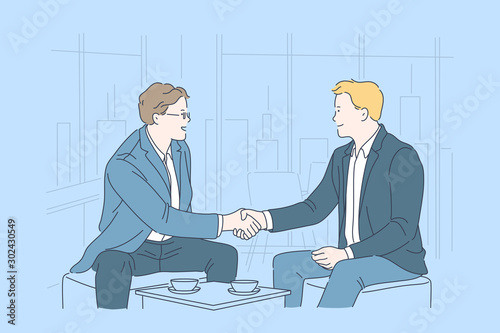 Business, partnership, agreement, teamwork concept. Successful young people, businessmen met for an important conversation, contract, negotiations. Happy men greet each other. Flat simple vector.