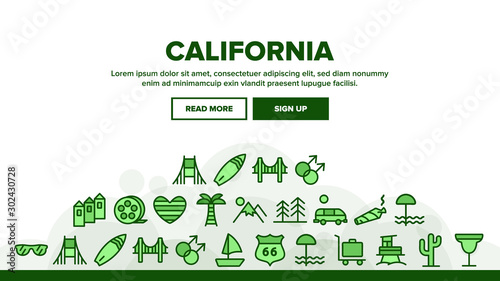 California Landing Web Page Header Banner Template Vector. Mountain And Palm Forest, Cactus And Bridge, Van And Glasses, California Illustration