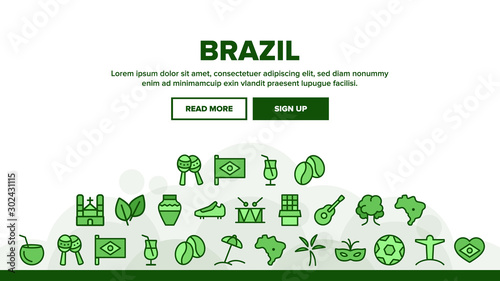 Brazil Landing Web Page Header Banner Template Vector. Football Ball And Food, Coffee And Carnival Mask, Guitar And Drum, Brazil Illustration