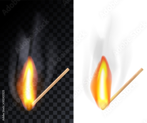 Match stick burning with smoke, isolated on transparency grid and white background.