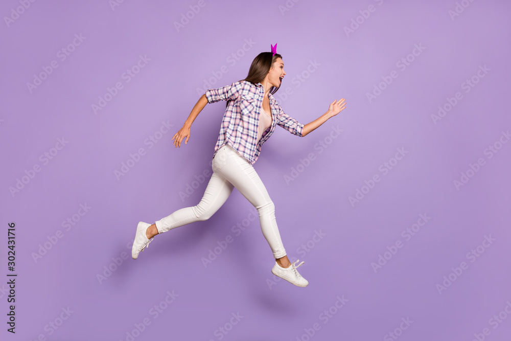 Full size profile side photo of funky crazy girl jump run after black friday discounts scream wear vintage style outfit isolated over purple color background