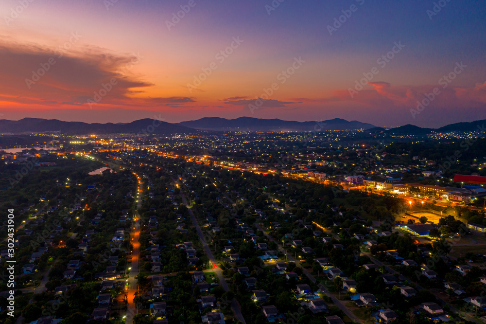 Aerial view of Sattahip city with twilight sky, Thailand