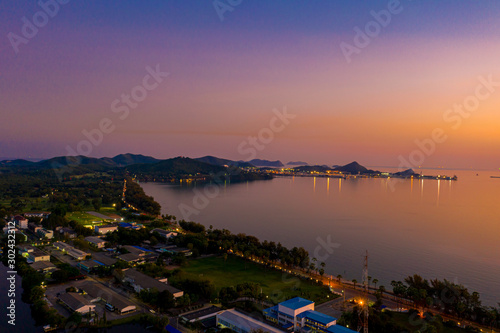 Aerial view of Sattahip city with twilight sky, Thailand © Panwasin