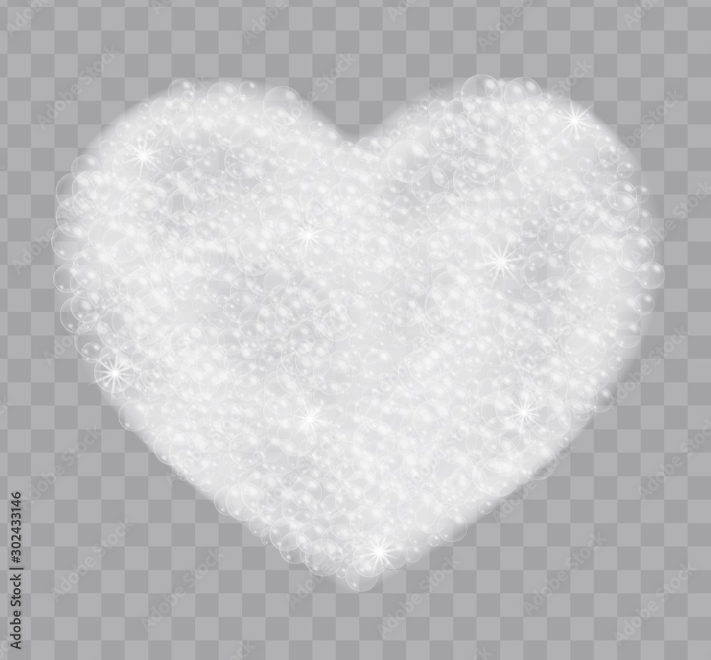 Heart made of soap foam with bubbles isolated on transparent background. Bath lather top view realistic vector illustration. - obrazy, fototapety, plakaty 