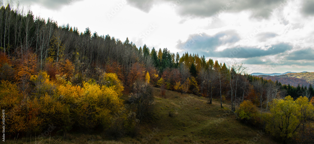 Beautiful sky and clouds over a forest on top of a hill near a small village, with autumn colored trees and autumn colors