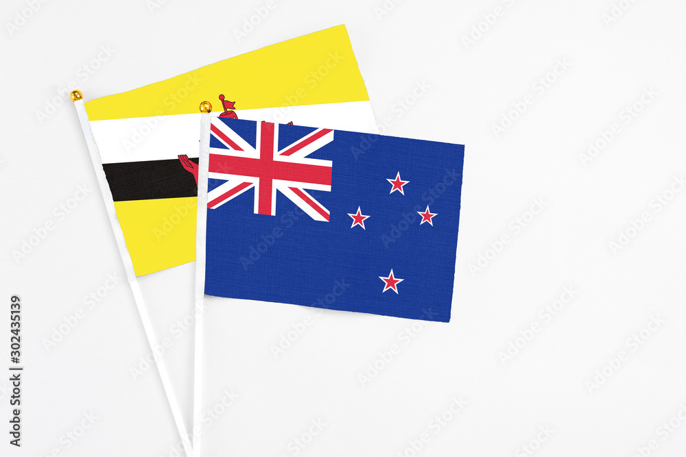 New Zealand and Brunei stick flags on white background. High quality fabric, miniature national flag. Peaceful global concept.White floor for copy space. New Zealand and Brunei stick flags on white background. High quality fabric, miniature national flag. Peaceful global concept.White floor for copy space.
