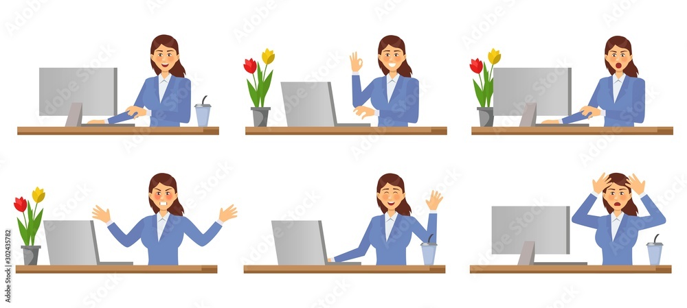 Stages of doing work on a laptop. Businesswoman works at a computer. The working process. Vector illustration