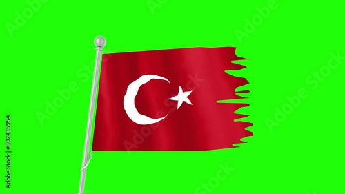 Flag Turkey chroma key. Flagpole. Flag on green background 4k, full HD. A ragged flag fluttershy in the wind on the flagpole. Background, chromakey photo