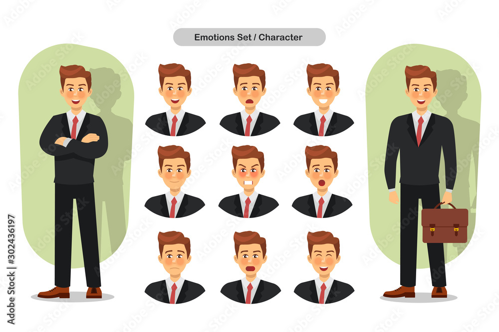 Set of business man facial different expressions. Man emoji character. Vector illustration. Set of business man facial different expressions. Man emoji character. Vector illustration.