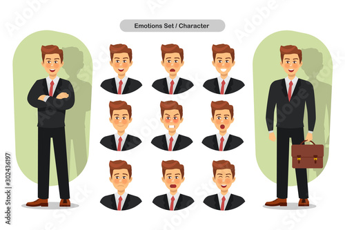 Set of business man facial different expressions. Man emoji character. Vector illustration.