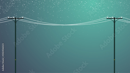 Power Line. Wood Utility Poles with cables. Dark green night sky with stars. Low voltage old Electricity Grid. Copy space. Energy distribution news banner template. Stock vector illustration