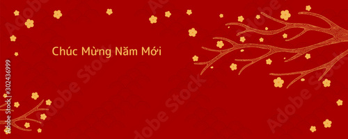 Hand drawn vector illustration for Tet with yellow apricot or peach tree branch, Vietnamese text Happy New Year, golden on red background. Flat style design. Concept for holiday card, poster, banner. photo